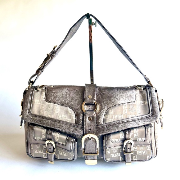Versace Silver Leather Canvas Handbag Shoulder Bag - Picture 1 of 16